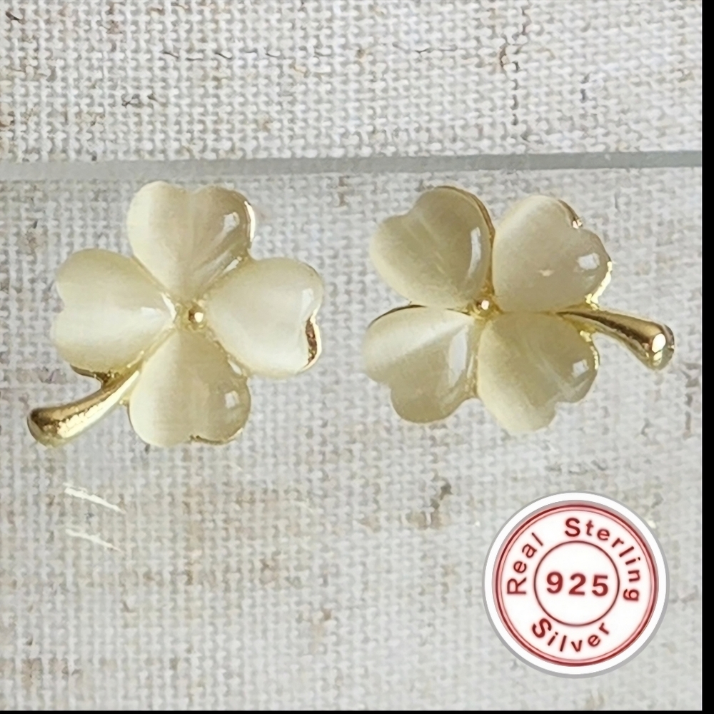 925 Silver post Gold 4 Leaf Clover Ivory  Stud earrings  Irish